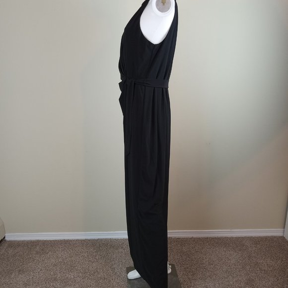 Emma & Michele Women's Halter Maxi Dress Size 14 Black Gold Chain Faux Wrap - Picture 5 of 11